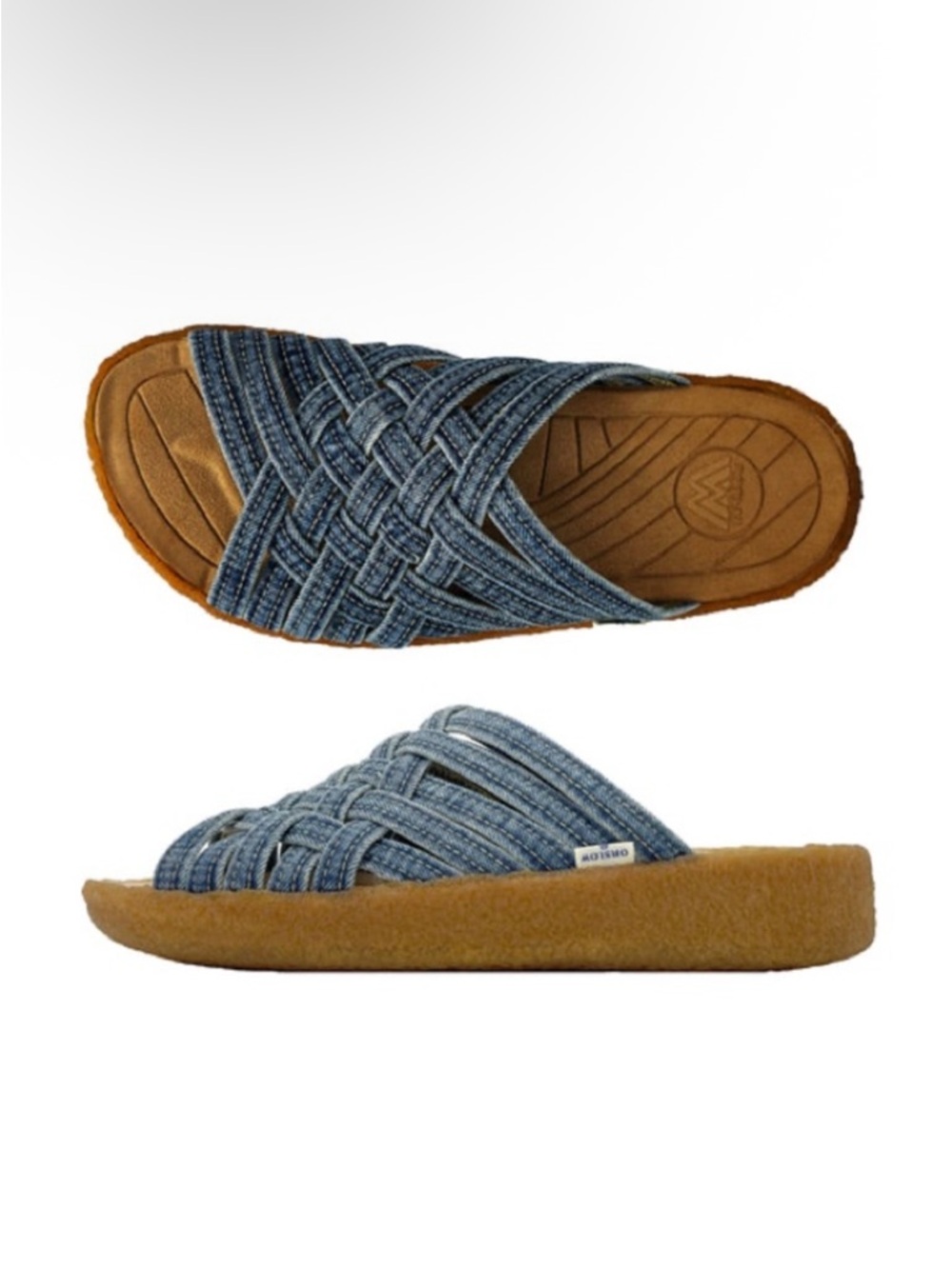 orSlow x MALIBU SANDALS Zuma Washed Indigo Denim Crepe Blue Woven Slide Sandals